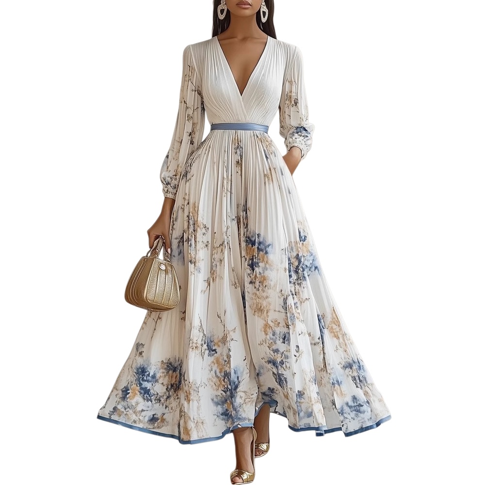 Elegant Floral Maxi Dress Women Long Sleeve Boho A-Line Pleated Dresses